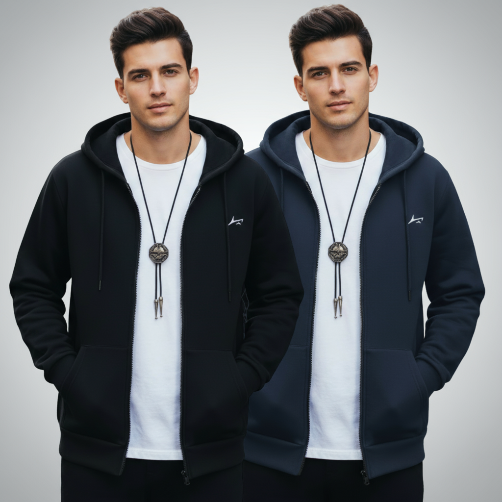 Two men wearing black and navy hoodies with a white shirt underneath on a white background.